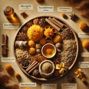 ingredients for marigold attar (gendha Attar)