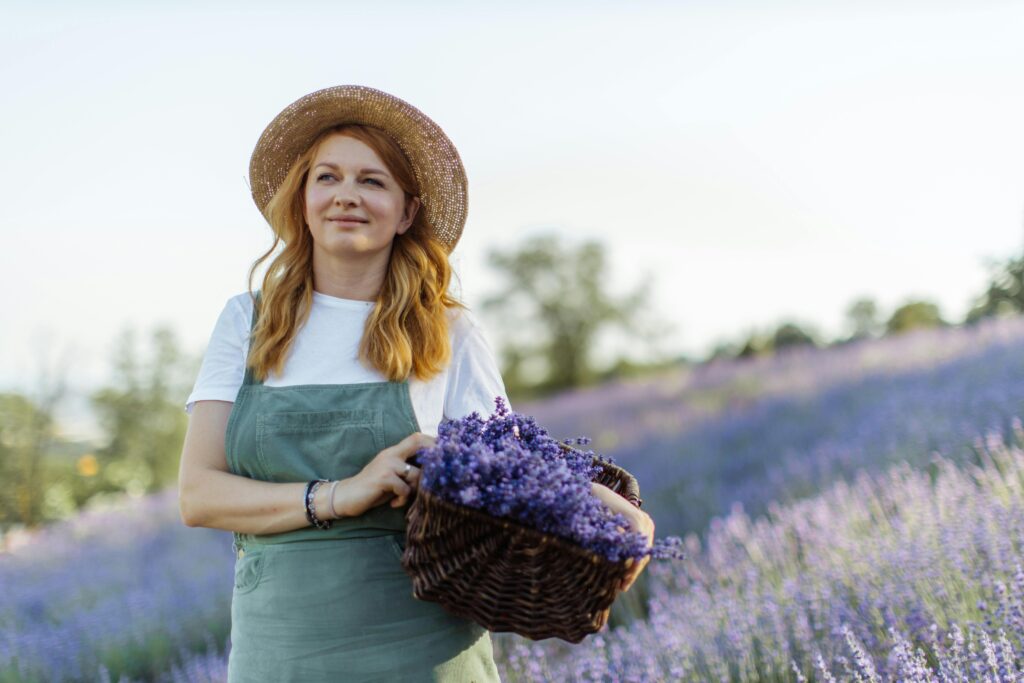 Woman in a lavender field holding a basket, enjoying nature and serenity.